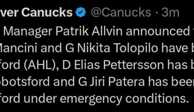 Mancini and Tolopilo sent down to Abby. DPetey and Patera called up @Canucks [X/Twitter]
