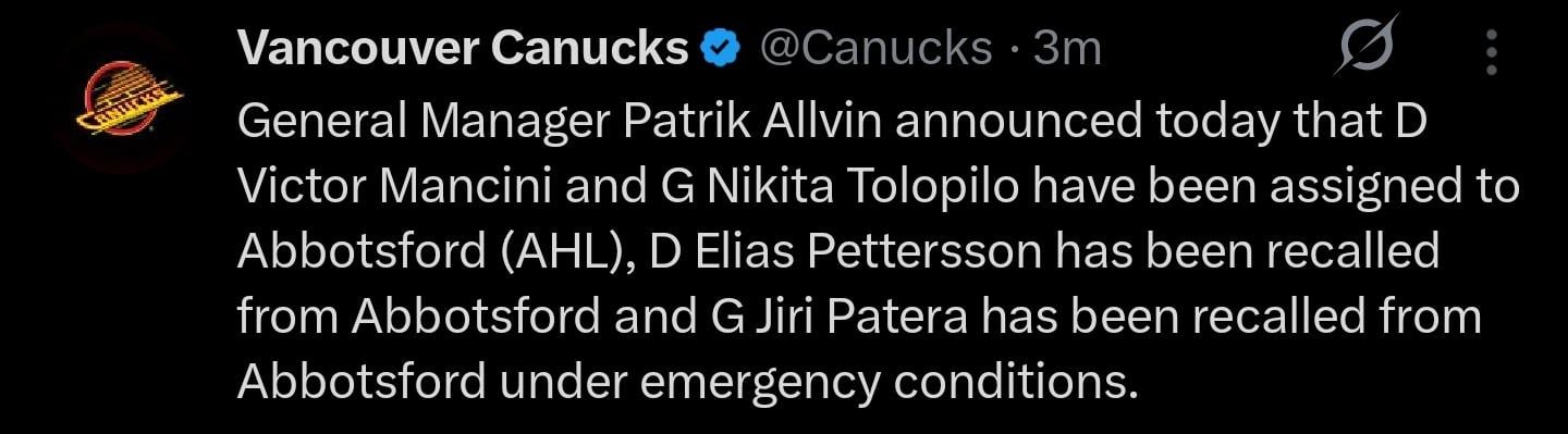 Mancini and Tolopilo sent down to Abby. DPetey and Patera called up @Canucks [X/Twitter]