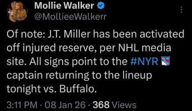 JT Miller possibly returning tonight