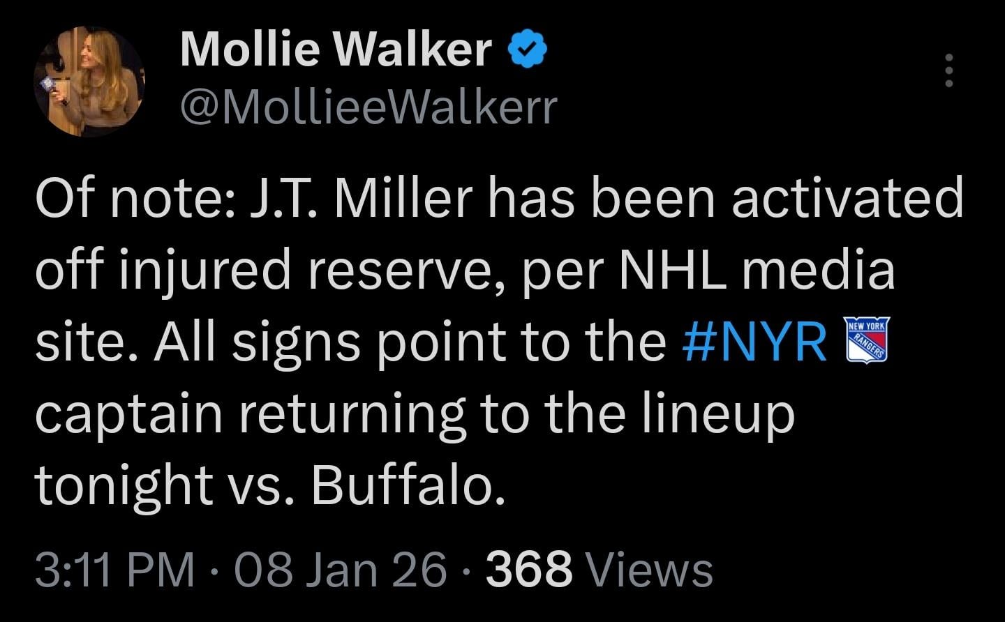 JT Miller possibly returning tonight