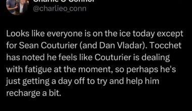 [O’Connor] Looks like everyone is on the ice today except for Sean Couturier (and Dan Vladar). Tocchet has noted he feels like Couturier is dealing with fatigue at the moment, so perhaps he's just getting a day off to try and help him recharge a bit.