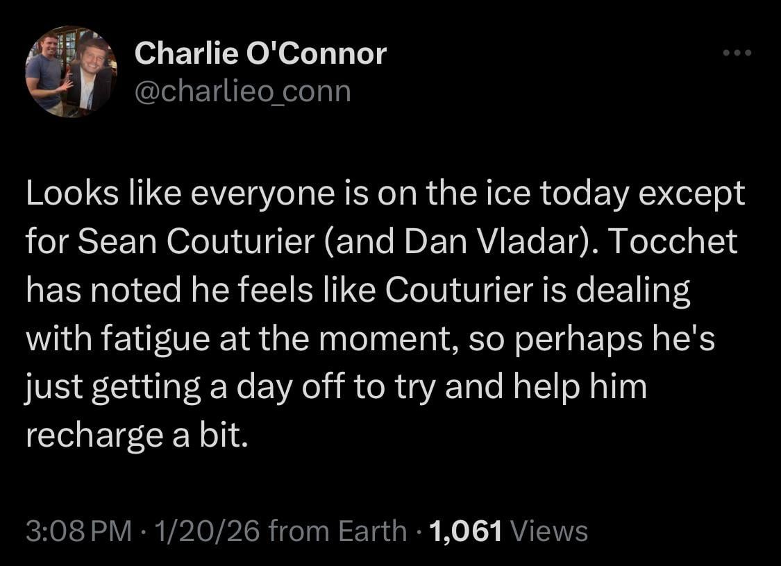 [O’Connor] Looks like everyone is on the ice today except for Sean Couturier (and Dan Vladar). Tocchet has noted he feels like Couturier is dealing with fatigue at the moment, so perhaps he's just getting a day off to try and help him recharge a bit.