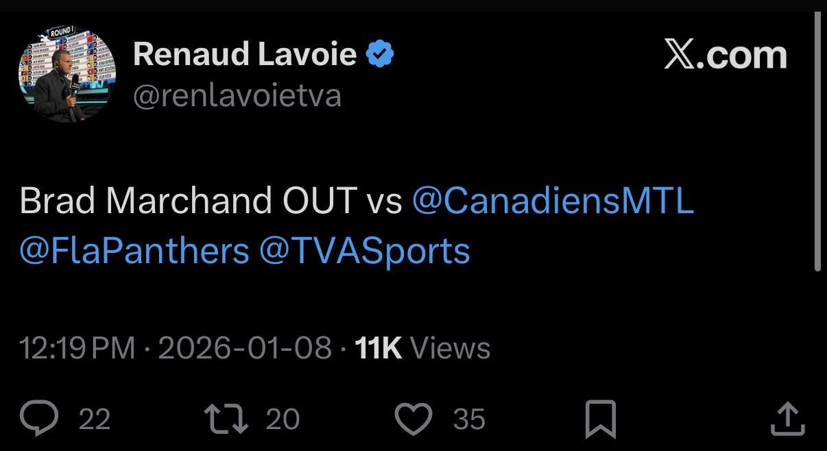 Marchand out tonight vs Panthers