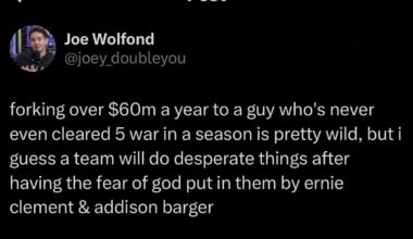 [Wolfond] forking over $60m a year to a guy who's never even cleared 5 war in a season is pretty wild, but i guess a team will do desperate things after having the fear of god put in them by ernie clement & addison barger