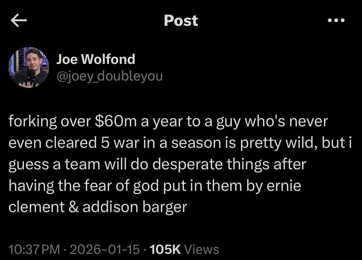 [Wolfond] forking over $60m a year to a guy who's never even cleared 5 war in a season is pretty wild, but i guess a team will do desperate things after having the fear of god put in them by ernie clement & addison barger