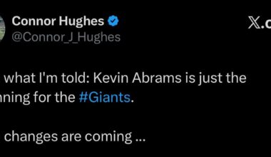 [Hughes] From what I’m told: Kevin Abrams is just the beginning for the #Giants. More changes are coming…