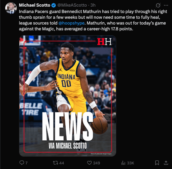 Indiana Pacers guard Bennedict Mathurin has tried to play through his right thumb sprain for a few weeks but will now need some time to fully heal.