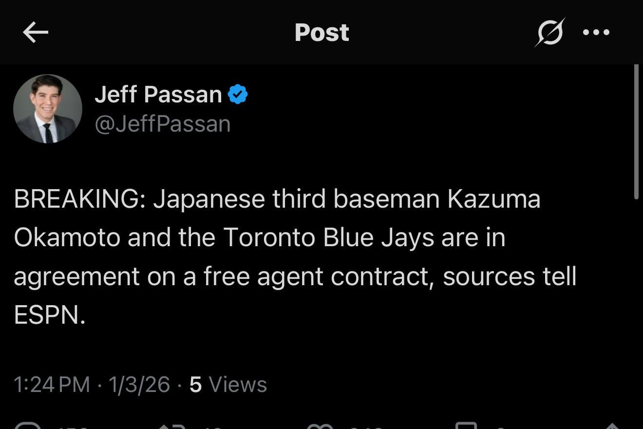 Passan: BREAKING: Japanese third baseman Kazuma Okamoto and the Toronto Blue Jays are in agreement on a free agent contract, sources tell ESPN.