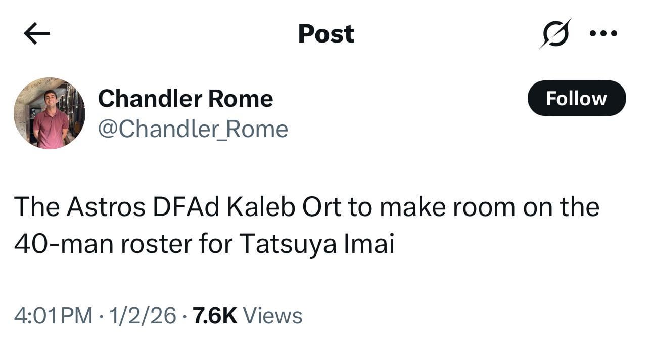 Kaleb Ort DFA’d to add Tatsuya Imai to the 40-man roster.