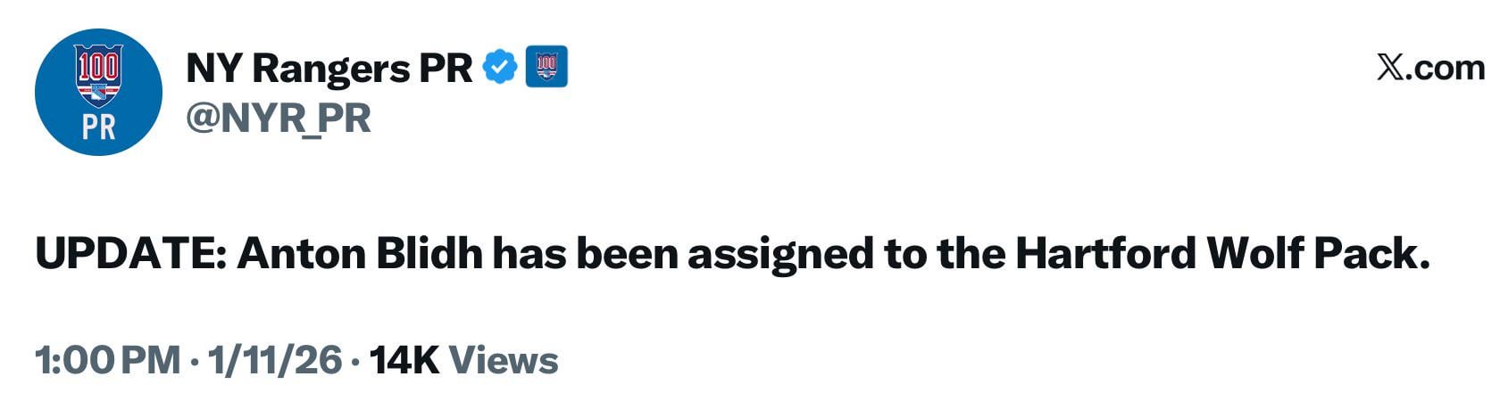 [NY Rangers PR] Anton Blidh has been assigned to the Hartford Wolf Pack.