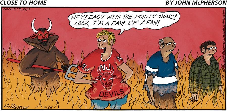 Devils fan makes it to the Sunday comics page. Close to Home by John McPherson for January 25, 2026 | GoComics