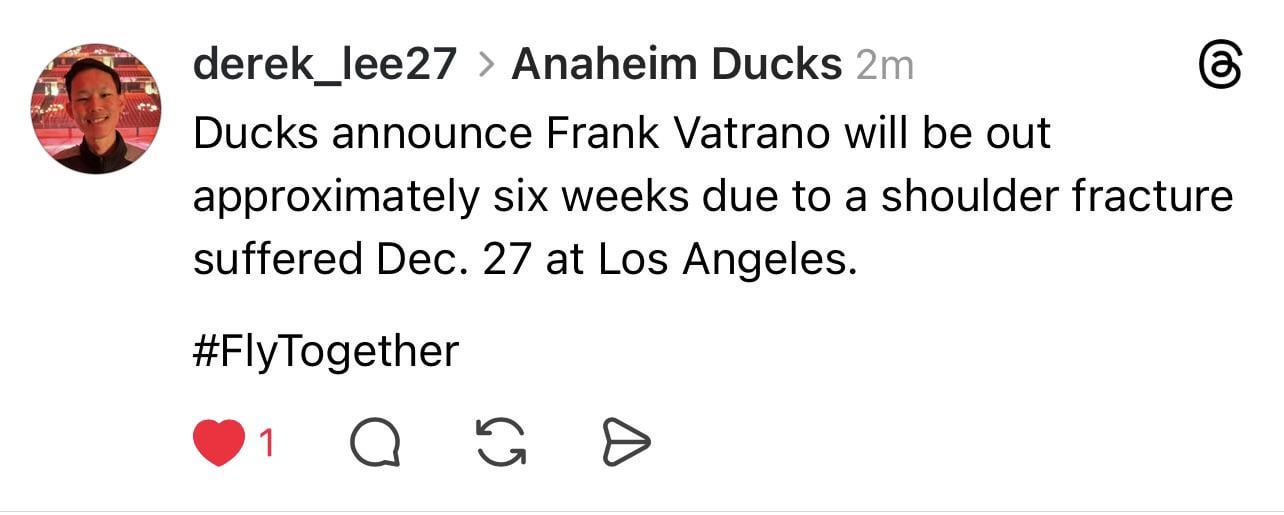 Vatrano out for 6 weeks