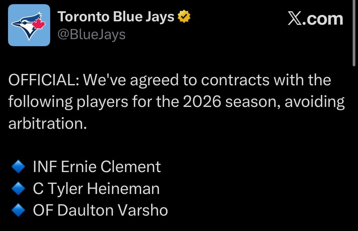 [Blue Jays] OFFICIAL: We've agreed to contracts with the following players for the 2026 season, avoiding arbitration. 🔹 INF Ernie Clement 🔹 C Tyler Heineman 🔹 OF Daulton Varsho