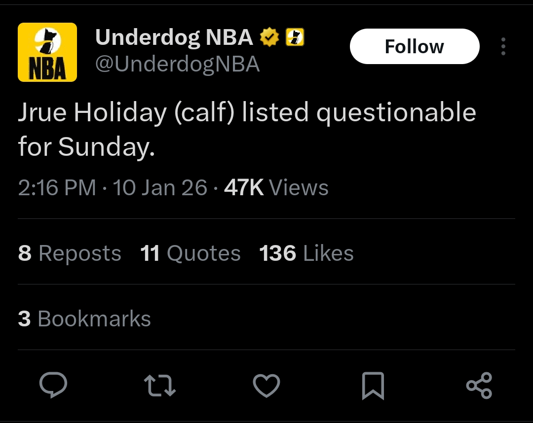 Jrue Holiday has been upgraded to questionable for tomorrow's game, per @UnderdogNBA on X