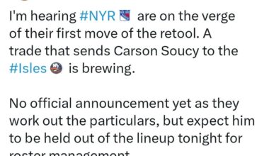 [Mercogliano]: I'm hearing NYR are on the verge of their first move of the retool. A trade that sends Carson Soucy to the Isles is brewing. No official announcement yet as they work out the particulars, but expect him to be held out of the lineup tonight for roster management.