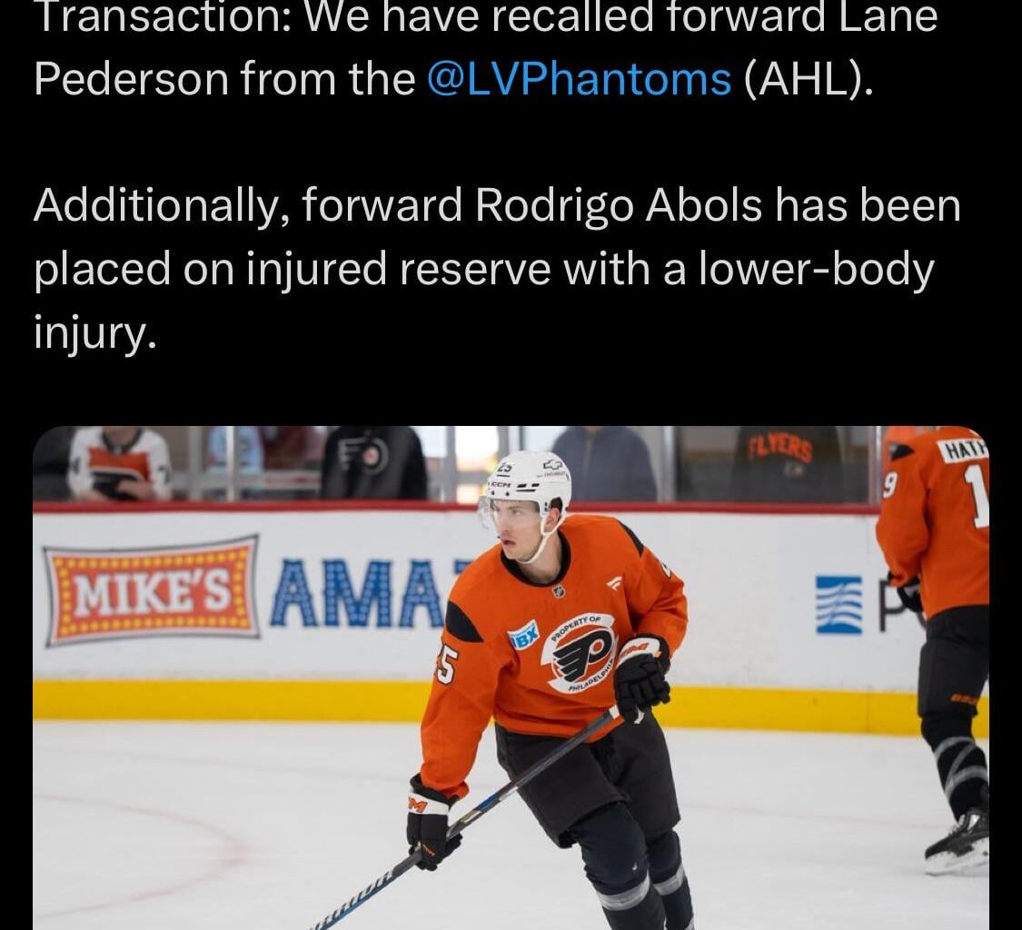 [Flyer] Transaction: We have recalled forward Lane Pederson from the LVPhantoms(AHL). Additionally, forward Rodrigo Abols has been placed on injured reserve with a lower-body injury.