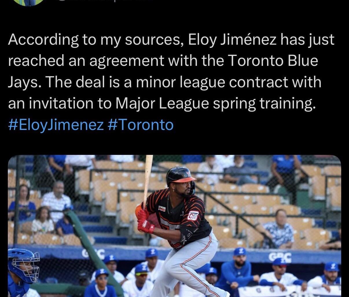 [Rodriguez] According to my sources, Eloy Jiménez has just reached an agreement with the Toronto Blue Jays. The deal is a minor league contract with an invitation to Major League spring training.