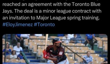 [Rodriguez] According to my sources, Eloy Jiménez has just reached an agreement with the Toronto Blue Jays. The deal is a minor league contract with an invitation to Major League spring training.