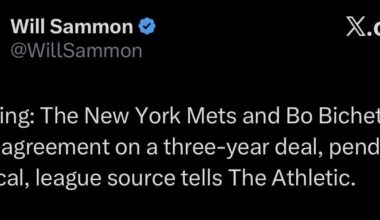 [Sammon] Breaking: The New York Mets and Bo Bichette are in agreement on a three-year deal, pending physical, league source tells The Athletic.