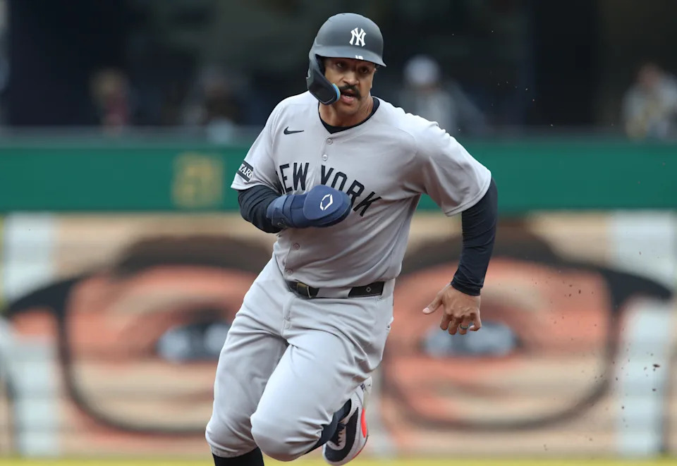 New York Yankees center fielder Trent Grisham (12) runs the bases against the Pittsburgh Pirates during the second inning at PNC Park.