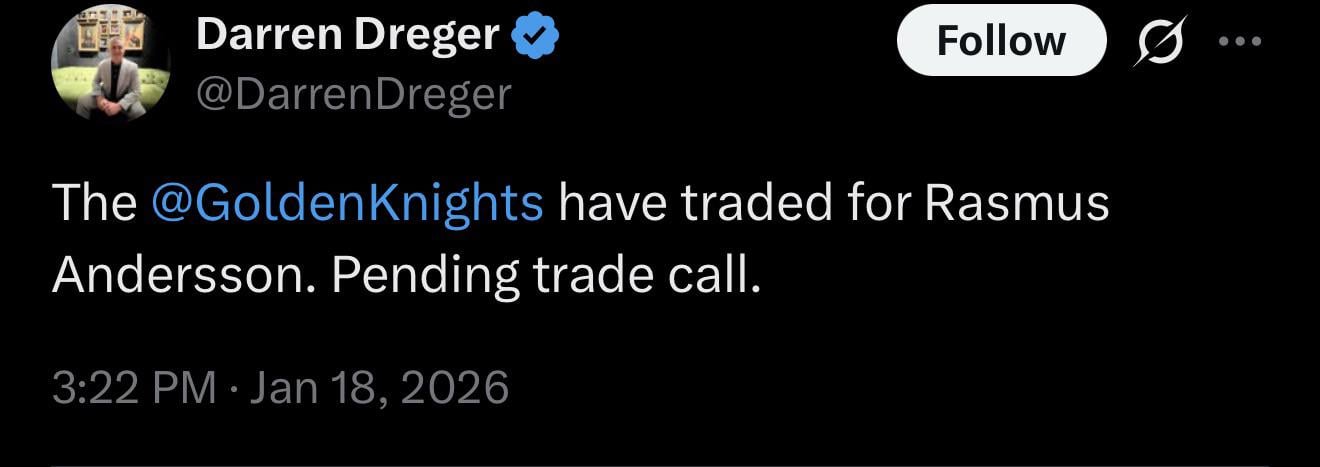 [Dreger] The Golden Knights have traded for Rasmus Andersson.