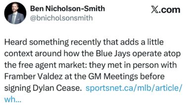 [BNS] Heard something recently that adds a little context around how the Blue Jays operate atop the free agent market: they met in person with Framber Valdez at the GM Meetings before signing Dylan Cease