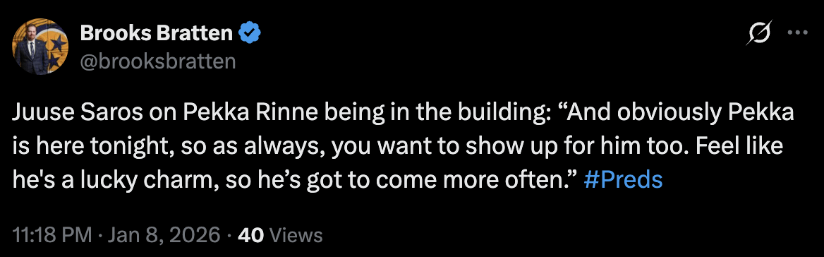 [Bratten] Juuse Saros on Pekka Rinne being in the building: “And obviously Pekka is here tonight, so as always, you want to show up for him too. Feel like he's a lucky charm, so he’s got to come more often.”