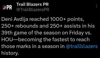 Trailblazers PR: Deni Avdija reached 1000+ points, 250+ rebounds and 250+ assists in his 39th game of the season on Friday vs. HOU-becoming the fastest to reach those marks in a season in Trailblazers history