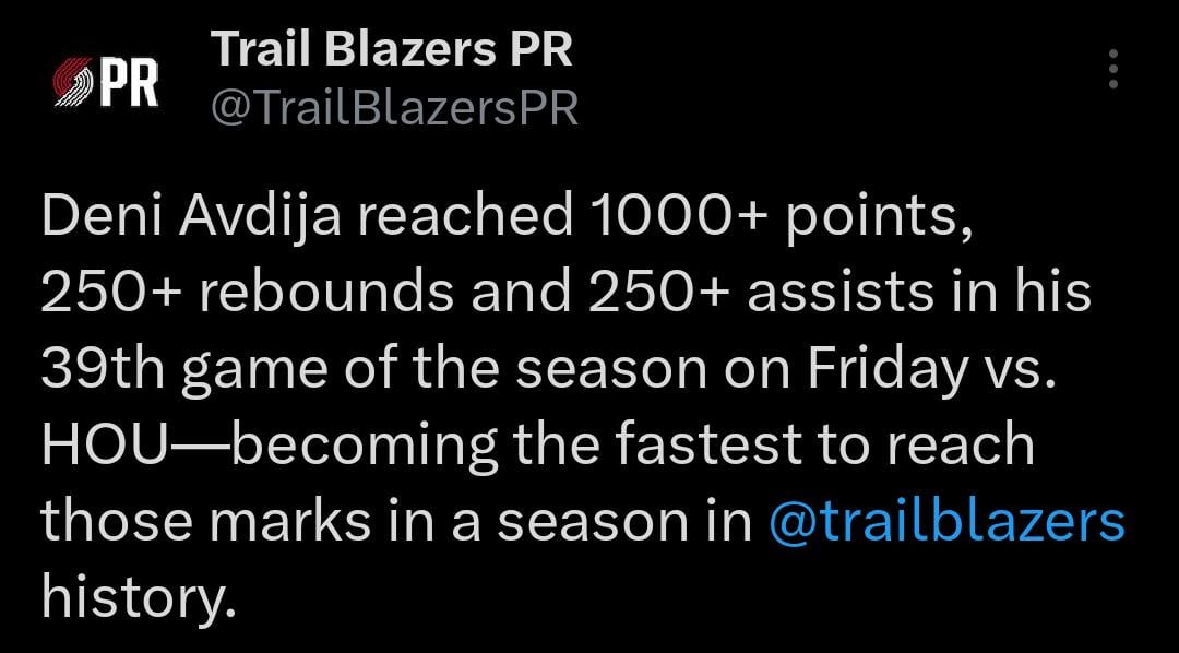 Trailblazers PR: Deni Avdija reached 1000+ points, 250+ rebounds and 250+ assists in his 39th game of the season on Friday vs. HOU-becoming the fastest to reach those marks in a season in Trailblazers history