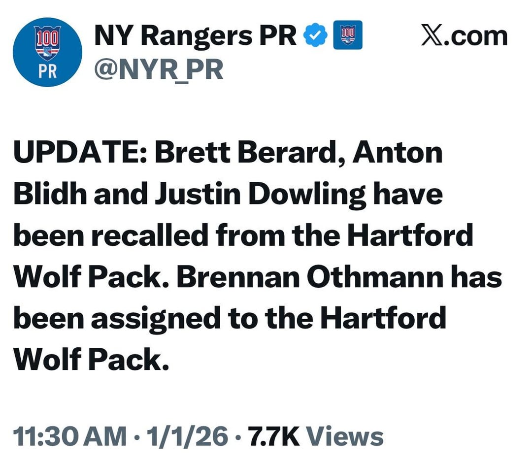 Brett Berard, Anton Blidh and Justin Dowling have been recalled. Brennan Othmann has been assigned to Hartford. Conor Sheary is on LTIR.
