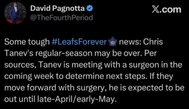 [Pagnotta] Some tough Leafs news: Chris Tanev's regular-season may be over. Per sources, Tanev is meeting with a surgeon in the coming week to determine next steps. If they move forward with surgery, he is expected to be out until late-April/early-May.