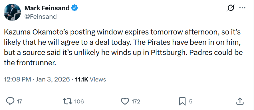 Feinsand: Pirates unlikely to get Okamoto, Padres could be the favorite