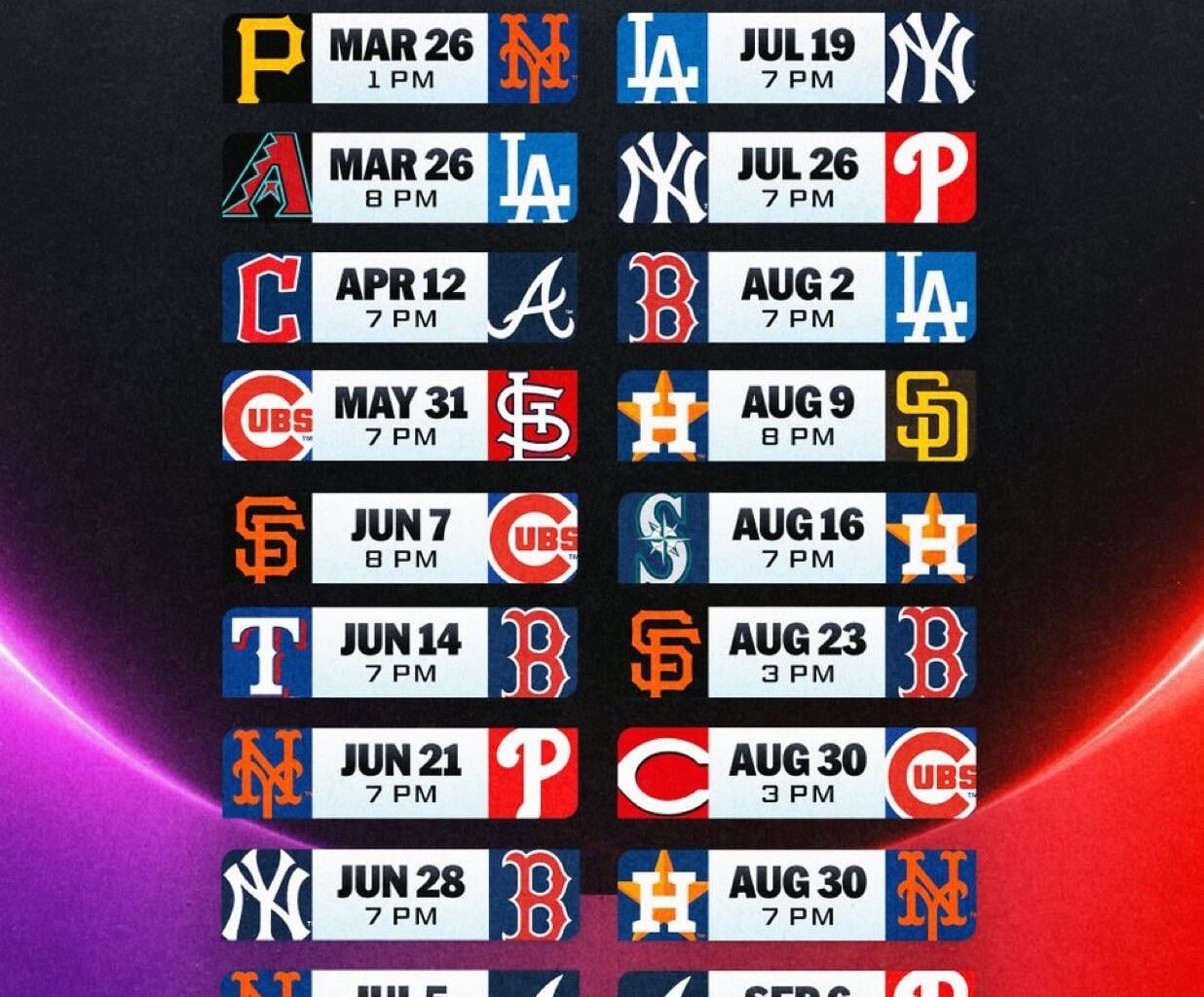 Sunday Night Baseball on NBC schedule has been released. Cards get two games.