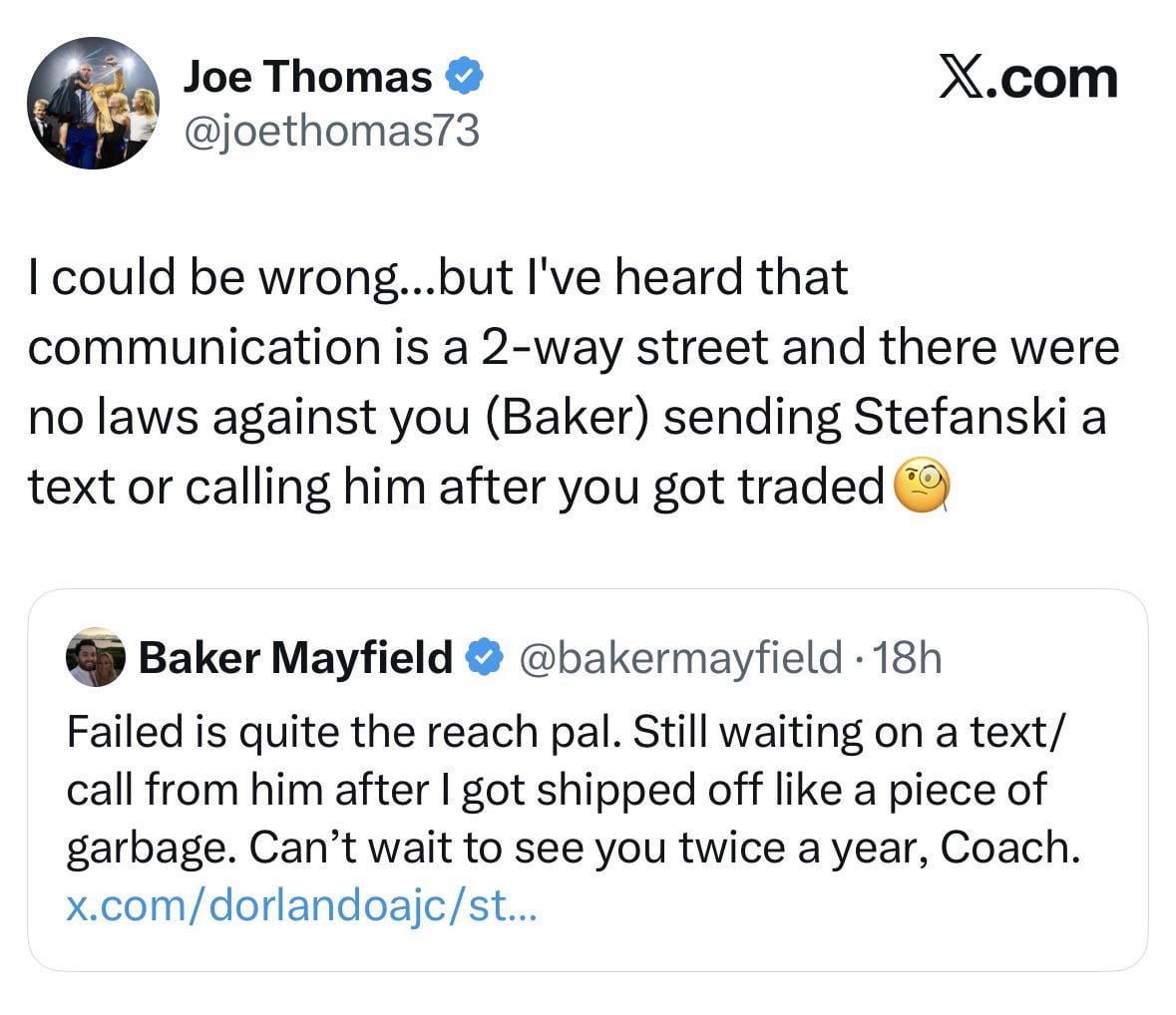 Joe Thomas calls out Baker for shot taken at Stefanski