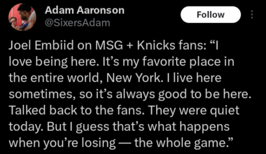 Joel Embiid on MSG + Knicks fans: “I love being here. It’s my favorite place in the entire world, so it’s always good to be here. Talked back to the fans. They were quiet today. But I guess that’s what happens when you’re losing — the whole game”