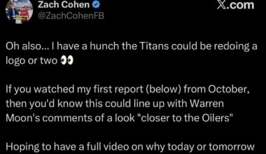 The NFL uniform guy (Zach Cohen) says there’s a possibility the Titans make changes to their logos as well this season