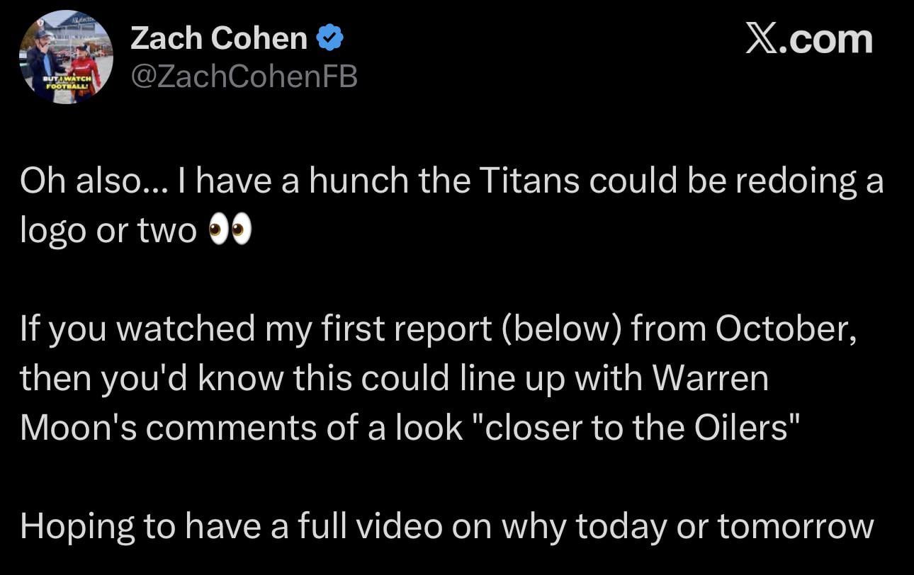 The NFL uniform guy (Zach Cohen) says there’s a possibility the Titans make changes to their logos as well this season