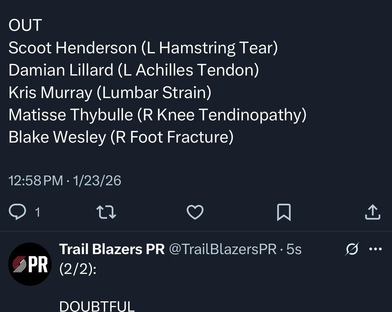 Deni is Doubtful but JG & Jrue aren’t on the injury report!