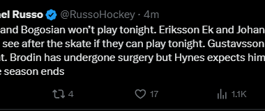 Russo: Brodin underwent surgery; JEE + JoJo could play tonight; Boldy and Bogo still out