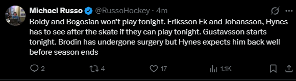 Russo: Brodin underwent surgery; JEE + JoJo could play tonight; Boldy and Bogo still out