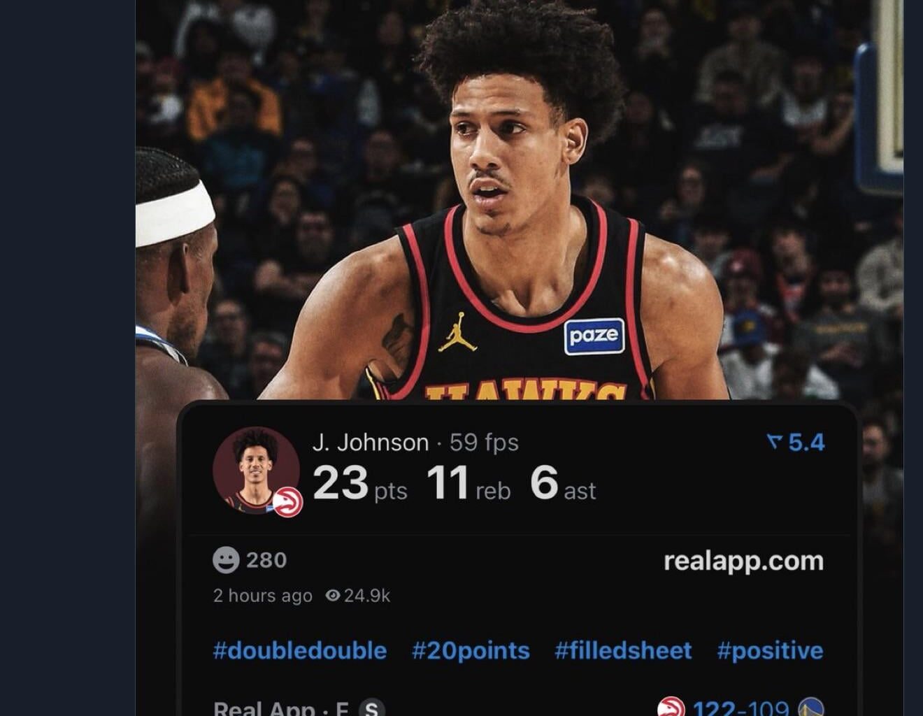 Jalen Johnson ties Lebron (2018) as the fastest forward to reach 300 REB & 300 AST in a season.