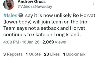 [Gross]: It is unlikely Horvat joins the team on the trip, no setbacks and he is skating on the island