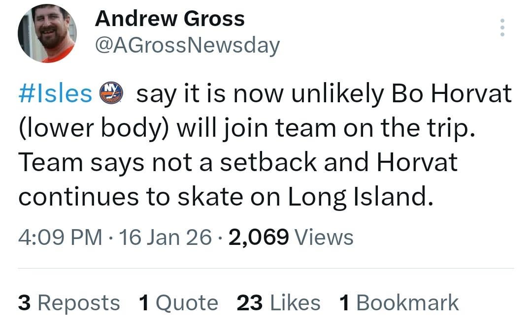 [Gross]: It is unlikely Horvat joins the team on the trip, no setbacks and he is skating on the island