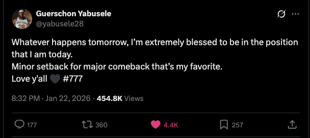 [Yabusele] Whatever happens tomorrow, I’m extremely blessed to be in the position that I am today. Minor setback for major comeback that’s my favorite. Love y'all 🖤 #777