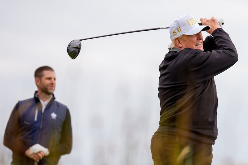 President Donald Trump tees off at a new 18-hole course at Trump International Golf Links on July 29, 2025 in Balmedie, near Aberdeen, Scotland.