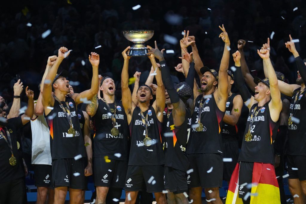 Germany's FIBA EuroBAsket team celebrates winning the 2025 competition