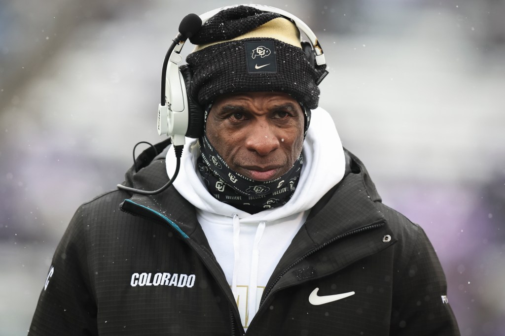 Colorado Buffaloes head coach Deion Sanders in the first quarter of a Big 12 football game between the Colorado Buffaloes and Kansas State Wildcats on November 29, 2025 at Bill Snyder Family Stadium in Manhattan, KS. 