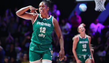 MEDLEY, FLORIDA - JANUARY 05: Chelsea Gray #12 of the Rose hits a game winning three to defeat the Lunar Owls during the second half at Sephora Arena on January 05, 2026 in Medley, Florida. (Photo by Carmen Mandato/Getty Images)