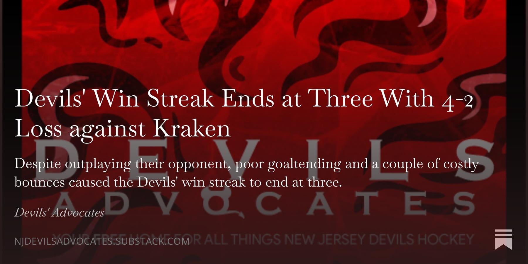 [Gambatese] Devils' Win Streak Ends at Three With 4-2 Loss against Kraken