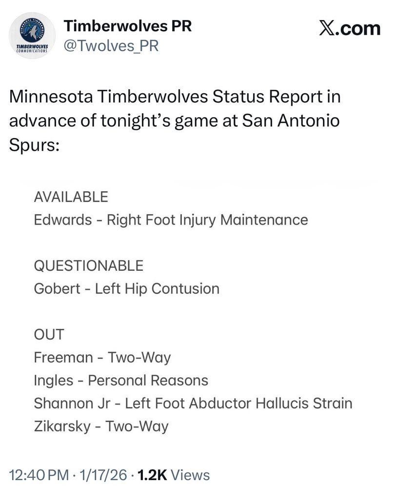 [Ryan Eichten] Anthony Edwards is available tonight after missing the last two games Rudy Gobert pops up on the injury report as Questionable with a Left Hip Contusion